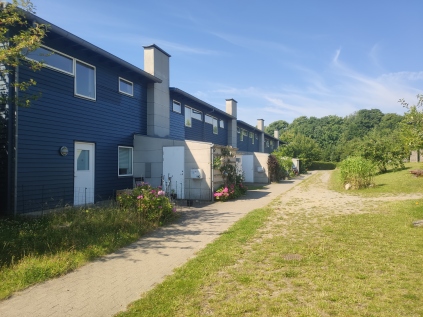 Les logements du groupe d'habitation 4 sont des maisons mitoyennes bleues